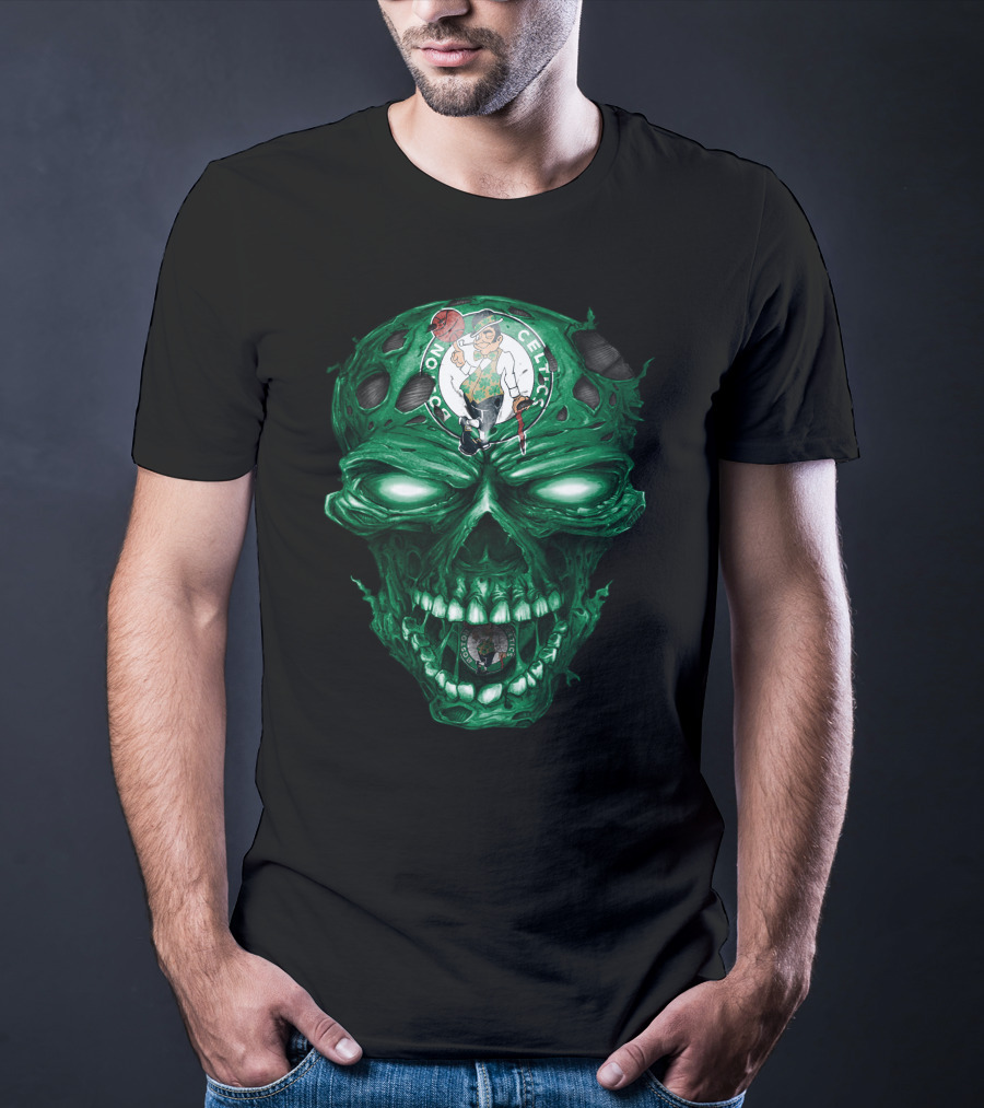 Boston Celtics Skull With Team Logo And Green Fire Eyes T-Shirt