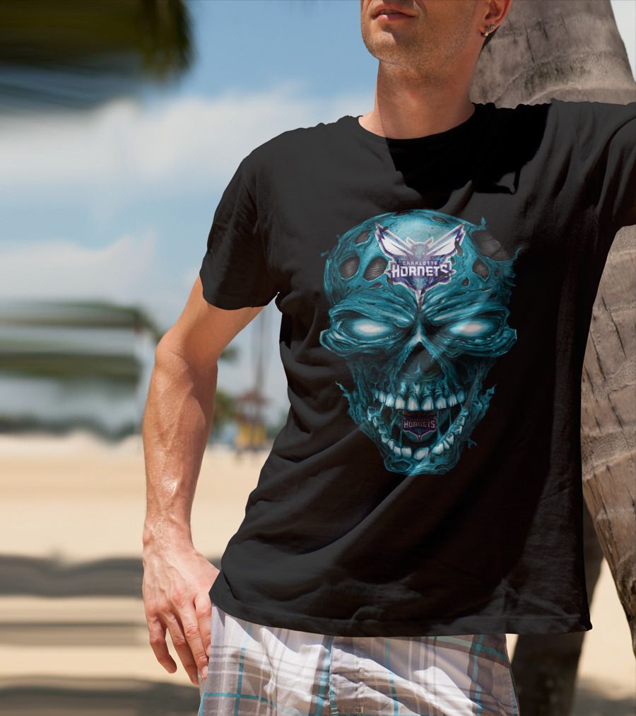 Charlotte Hornets Skull Logo Creepy Blue T-Shirt