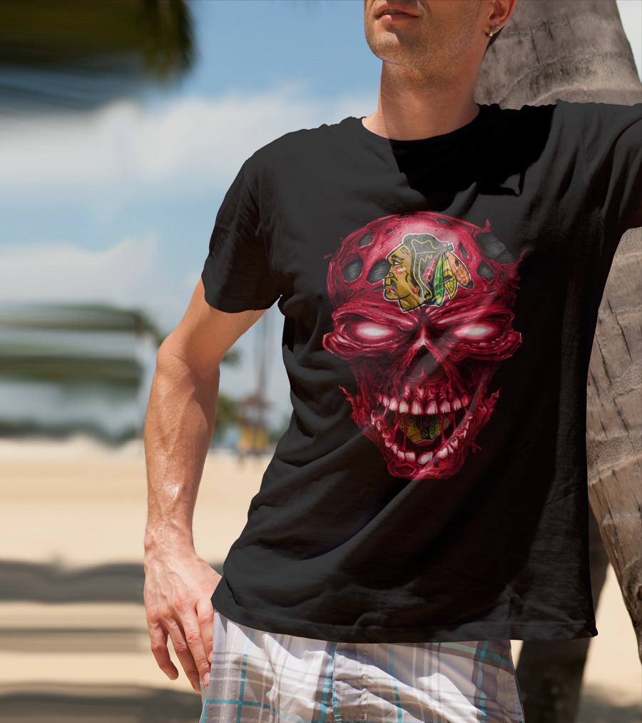 Chicago Blackhawks Skull Red Grunge Horror Style T-Shirt