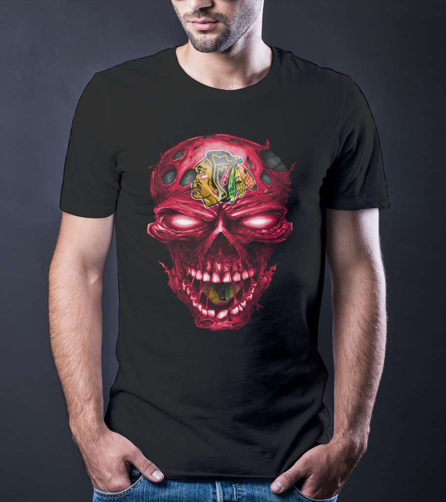Chicago Blackhawks Skull Red Grunge Horror Style T-Shirt