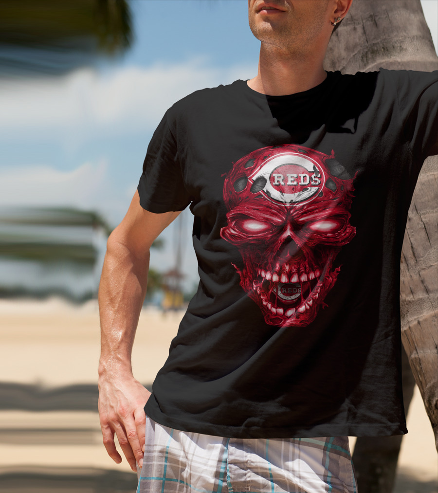 Cincinnati Reds Skull Iconic Logo Imagery With Reds T-Shirt