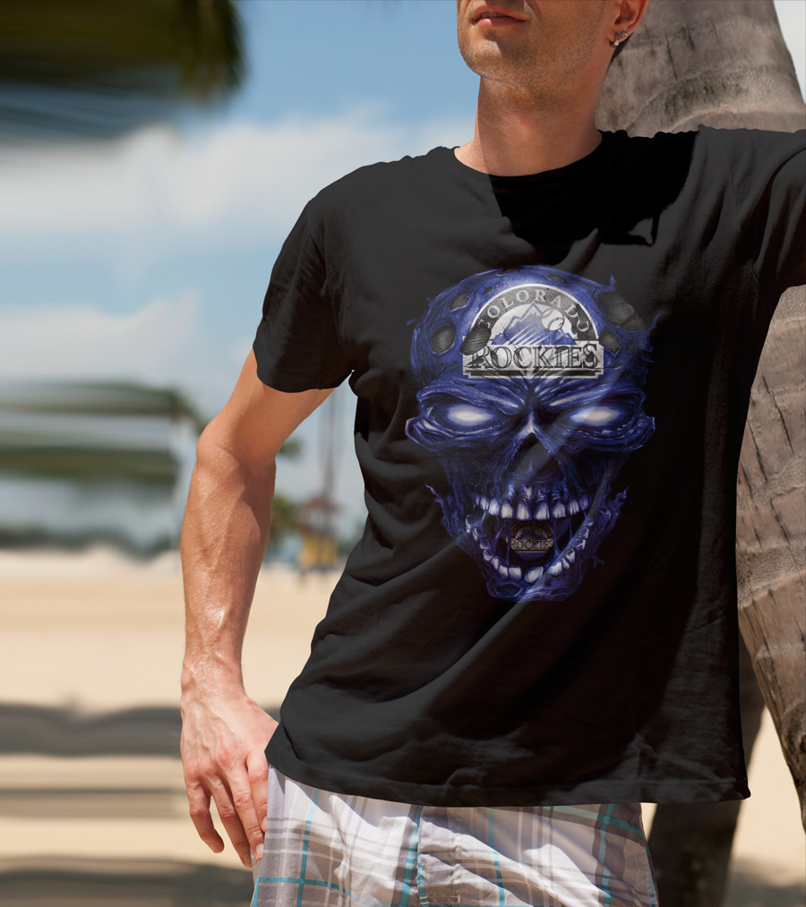 Colorado Rockies Skull Logo With Blue Fiery T-Shirt