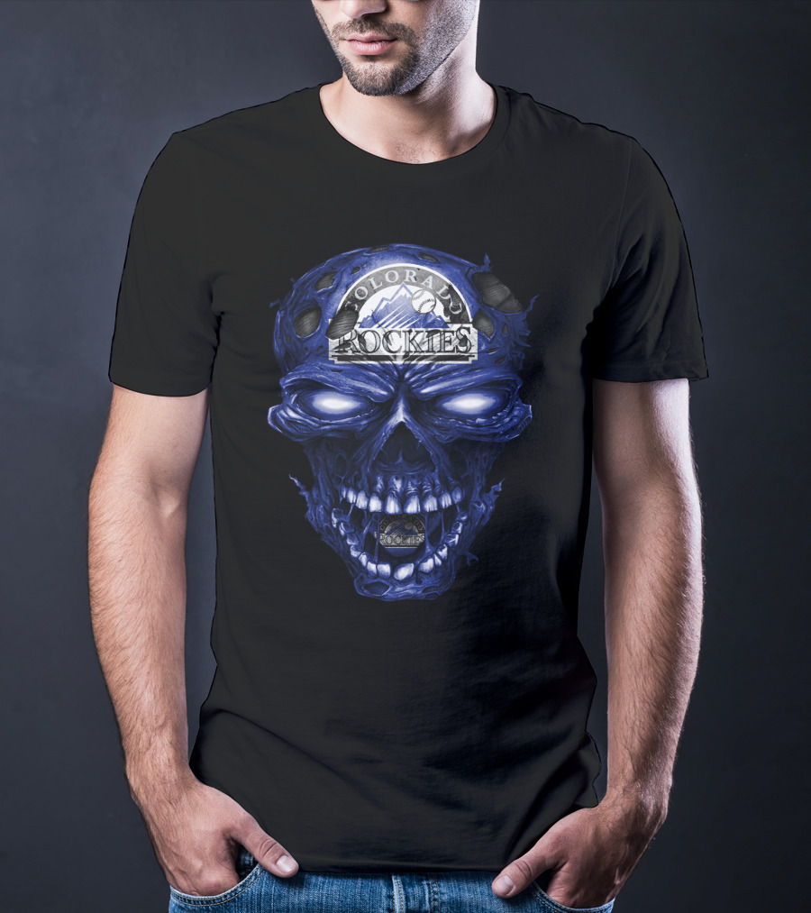 Colorado Rockies Skull Logo With Blue Fiery T-Shirt
