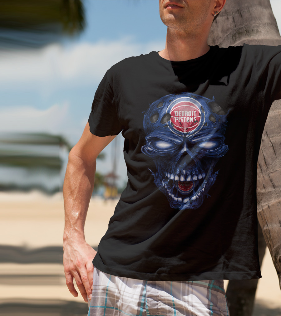 Detroit Pistons Skull Grunge Blue Basketball T-Shirt
