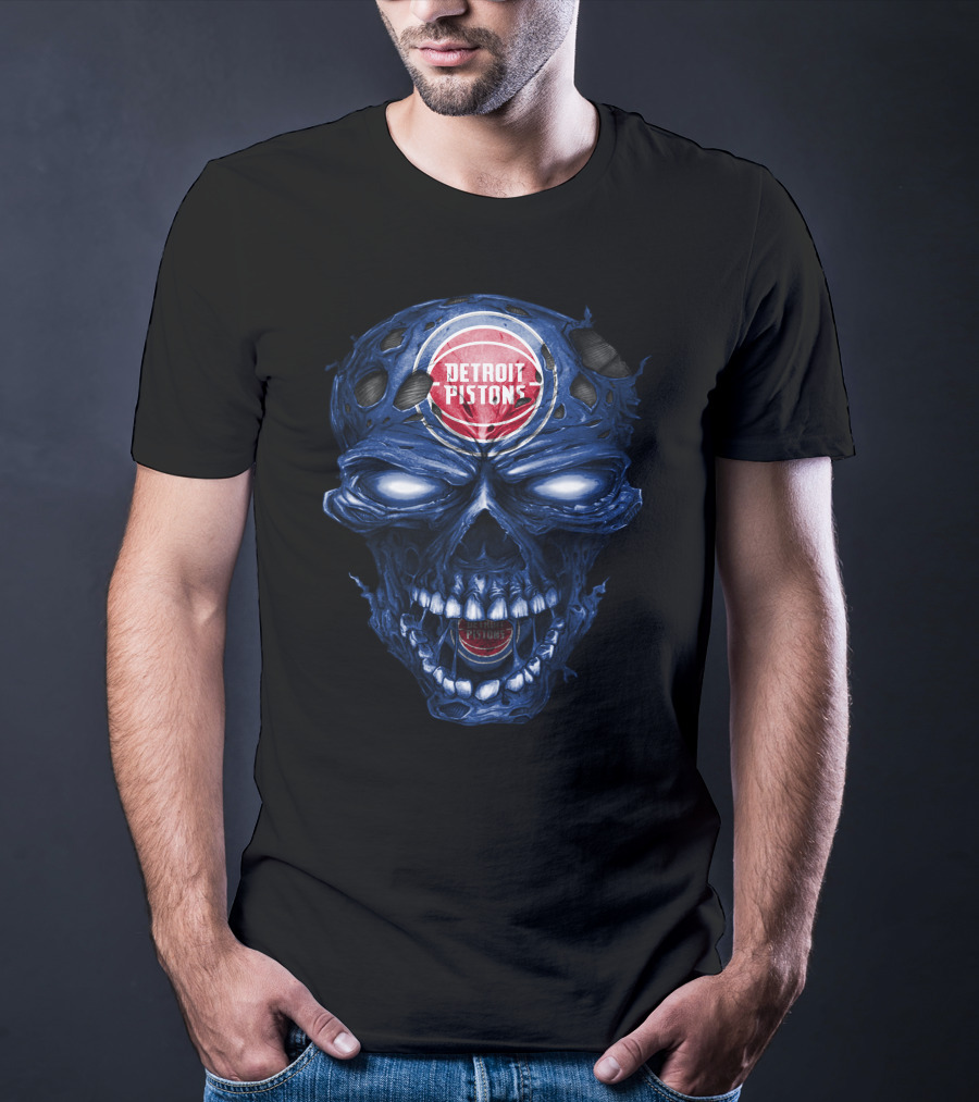 Detroit Pistons Skull Grunge Blue Basketball T-Shirt
