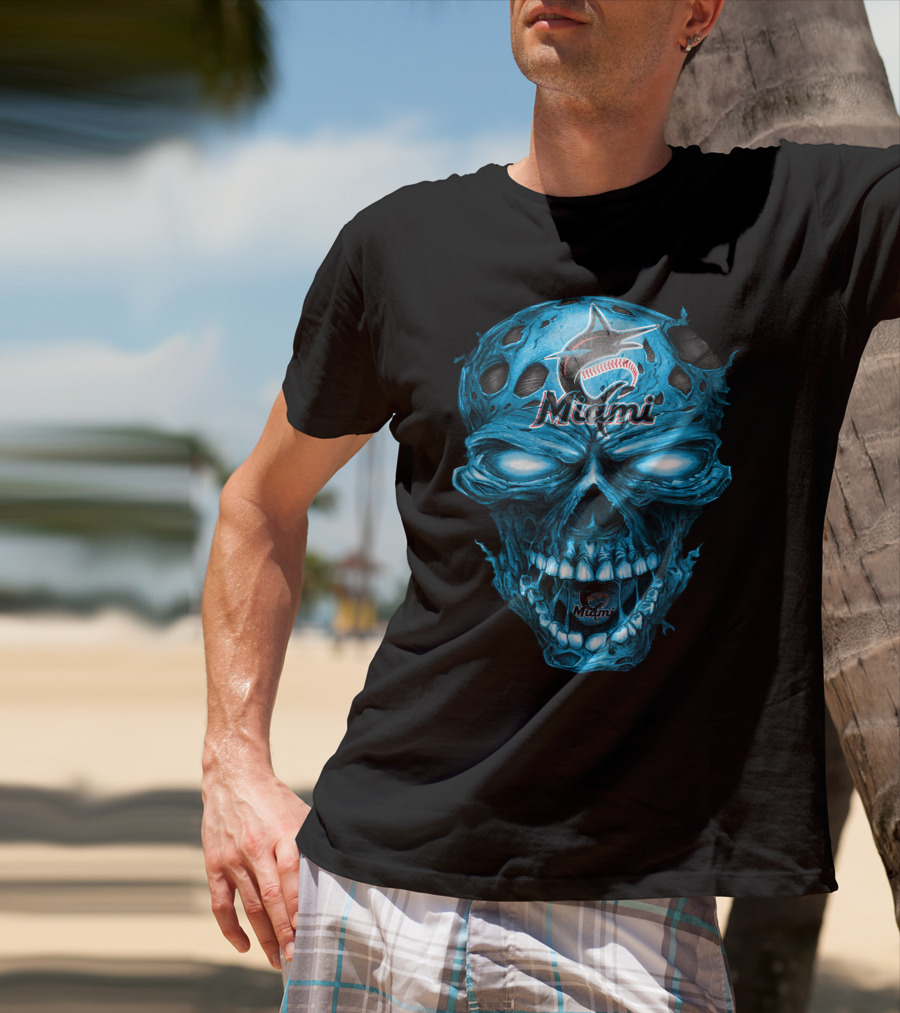 Miami Marlins Skull Blue Baseball T-Shirt