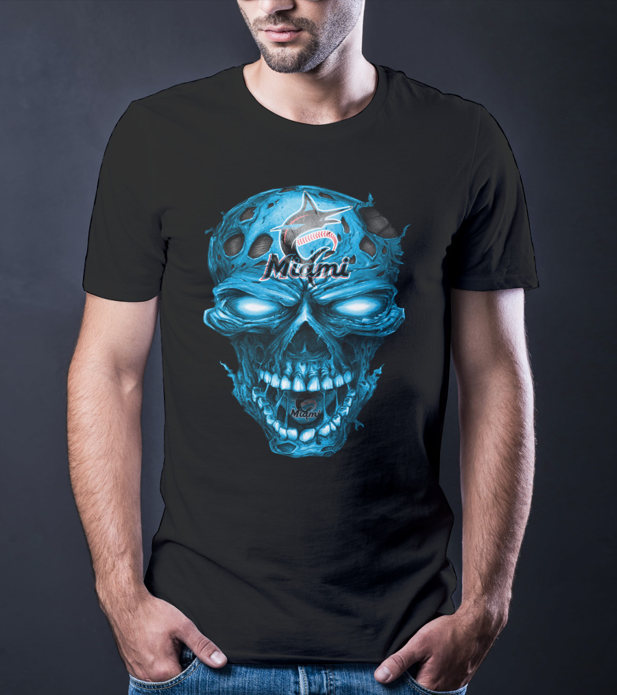 Miami Marlins Skull Blue Baseball T-Shirt