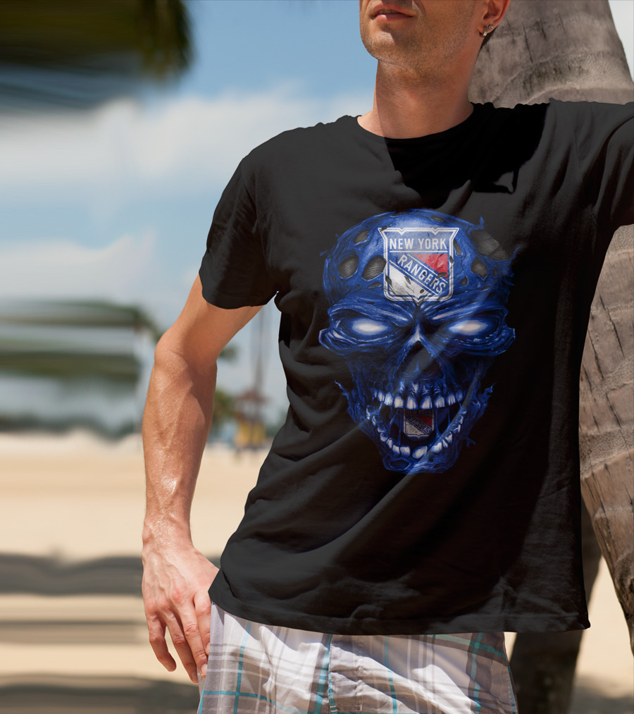 New York Rangers Skull Blue Biker Art T-Shirt