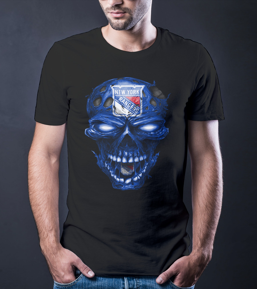 New York Rangers Skull Blue Biker Art T-Shirt