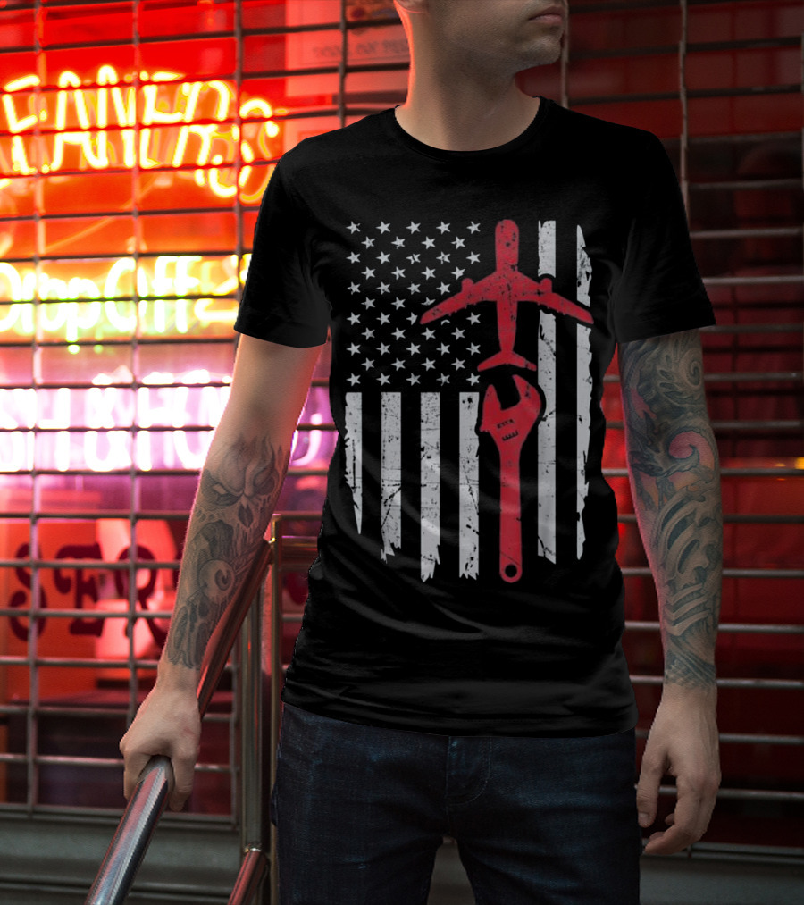 American Flag Airplane Mechanic Aviation Technician Wrench T-Shirt
