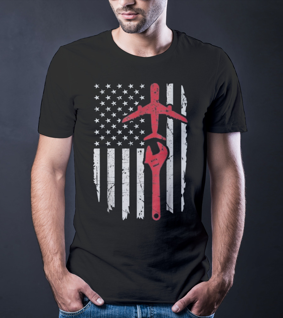 American Flag Airplane Mechanic Aviation Technician Wrench T-Shirt