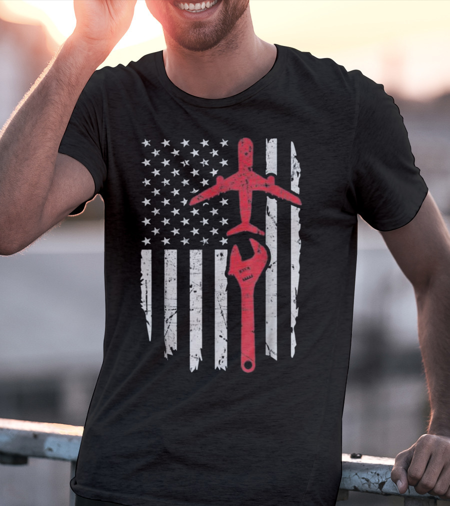 American Flag Airplane Mechanic Aviation Technician Wrench T-Shirt