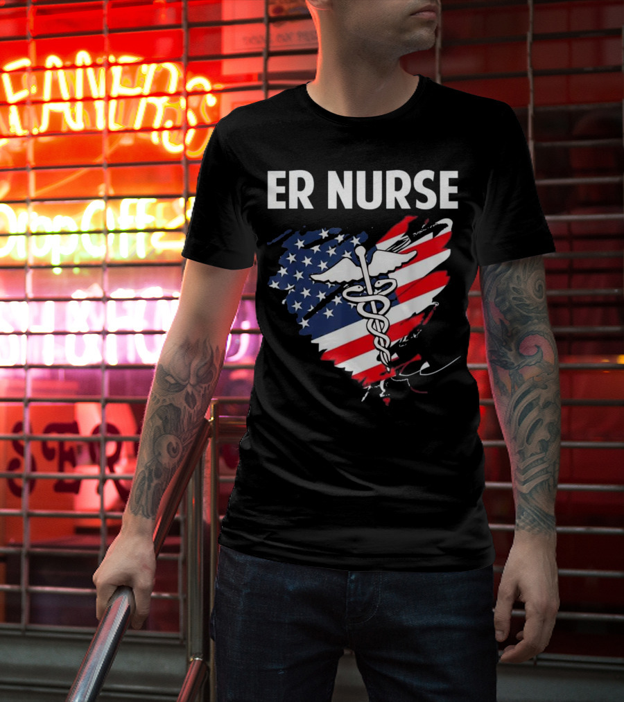 ER Nurse American Flag Caduceus Medical T-Shirt