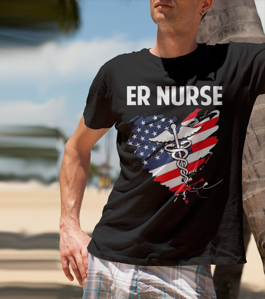 ER Nurse American Flag Caduceus Medical T-Shirt