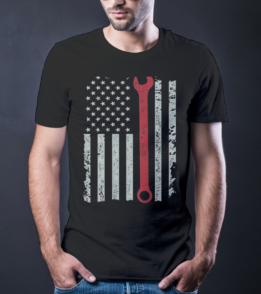American Flag Mechanic Wrench Patriotic USA Pride T-Shirt