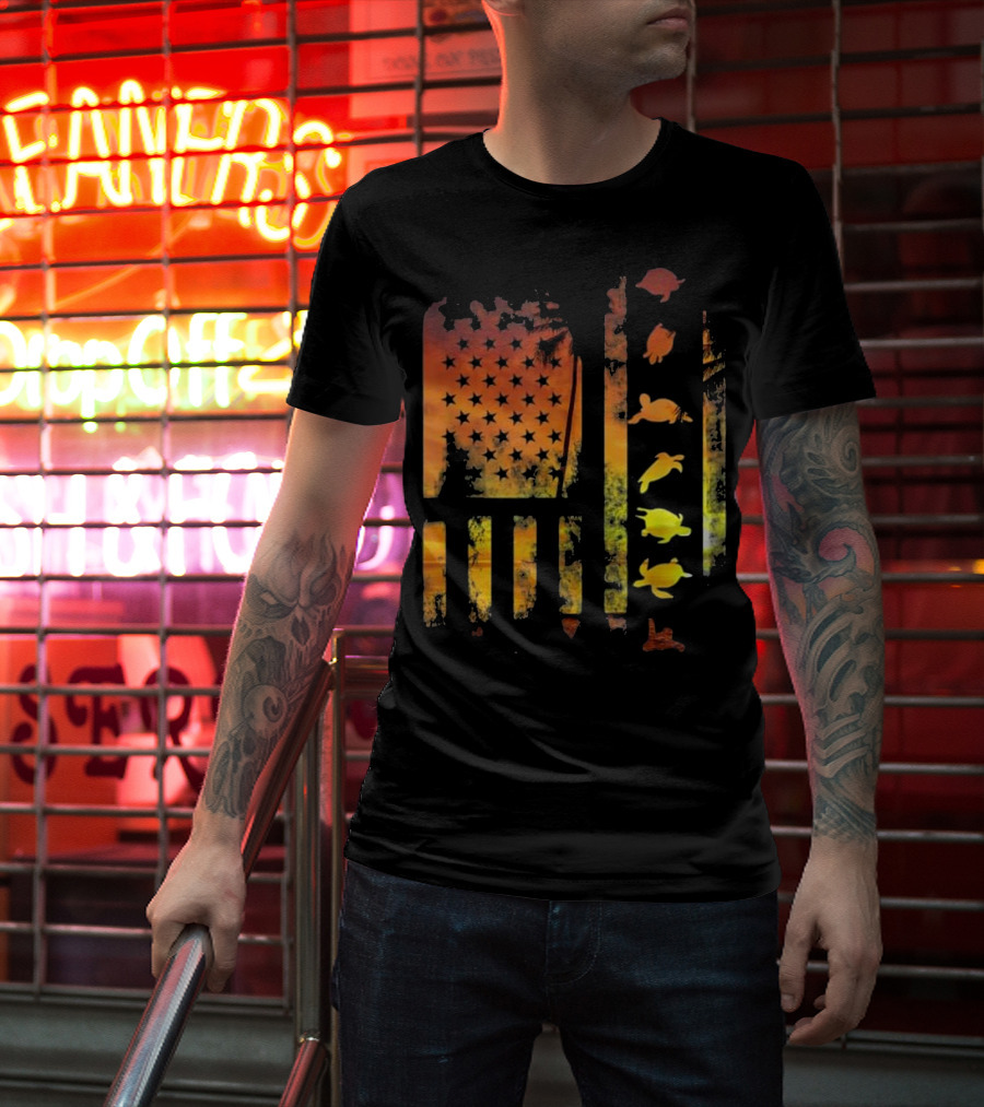 American Flag Sunset Sea Turtle T-Shirt