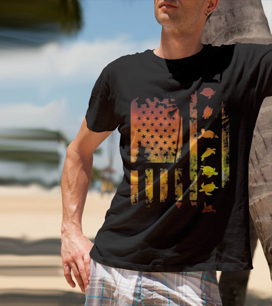 American Flag Sunset Sea Turtle T-Shirt