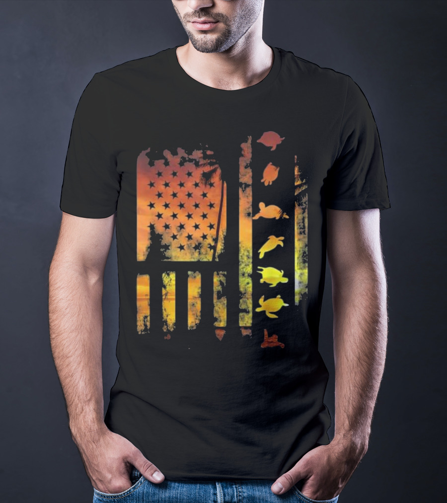 American Flag Sunset Sea Turtle T-Shirt