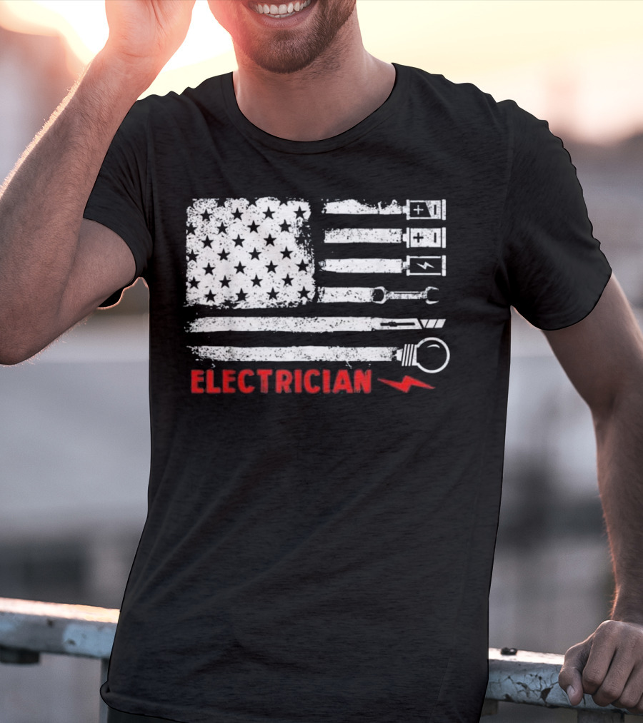 American Flag Electrician Wrench Bolt Battery Stars Stripe Icons T-Shirt