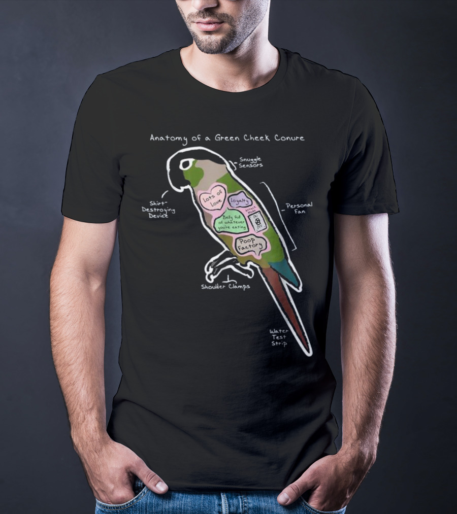 Anatomy Of A Green Cheek Conure Shirt-Destroying Device Snuggle Sensors Shoulder Clamps Poop Factory Personal Fan T-Shirt
