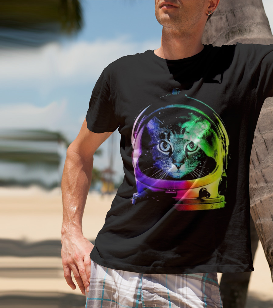 Space Cat In Astronaut Helmet With Cosmic Rainbow Colors T-Shirt