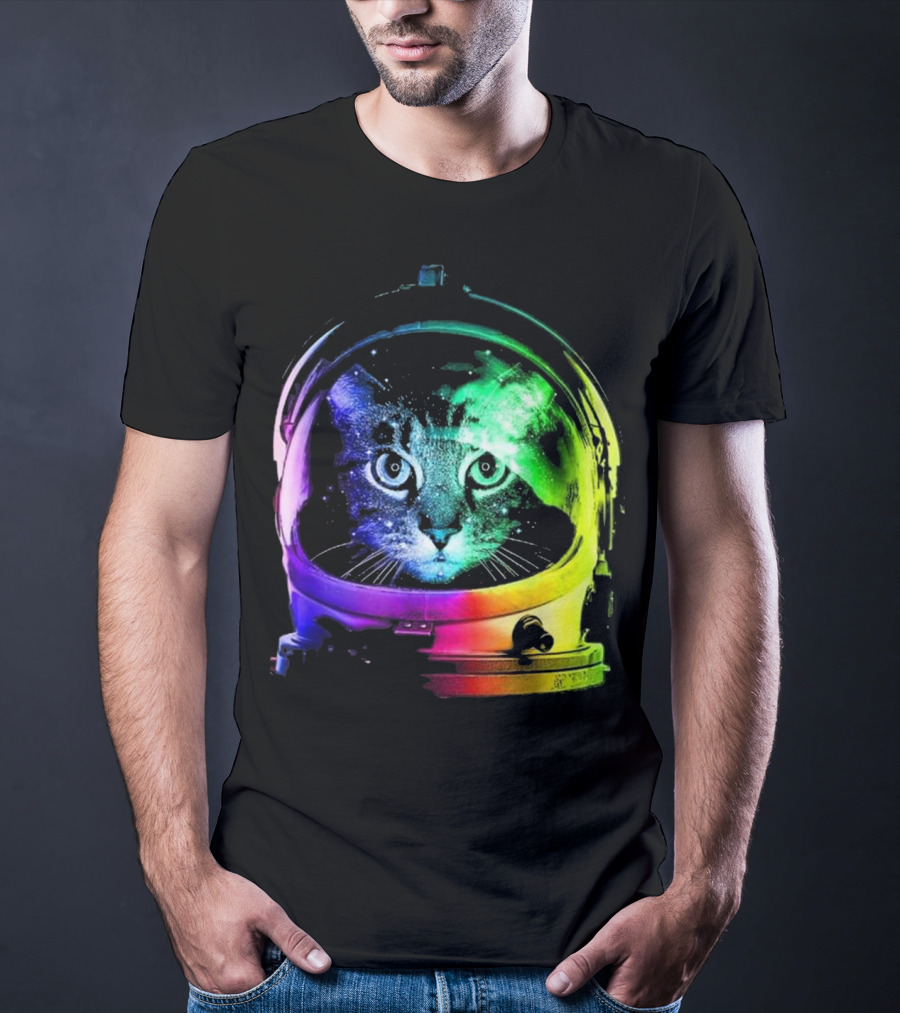Space Cat In Astronaut Helmet With Cosmic Rainbow Colors T-Shirt