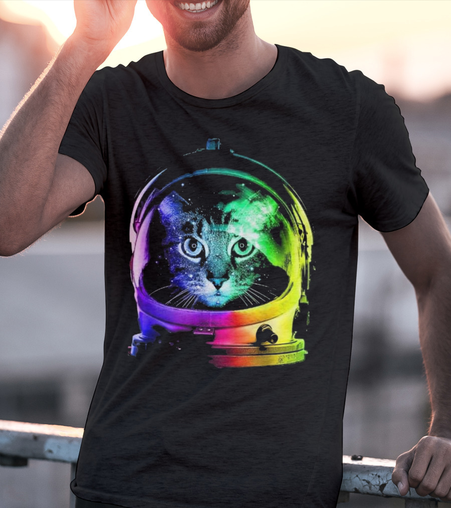Space Cat In Astronaut Helmet With Cosmic Rainbow Colors T-Shirt