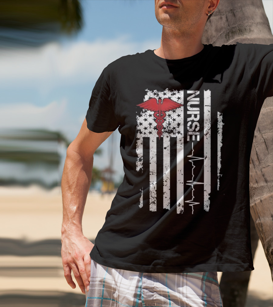 Nurse Caduceus Heartbeat American Flag Stars Stripes T-Shirt