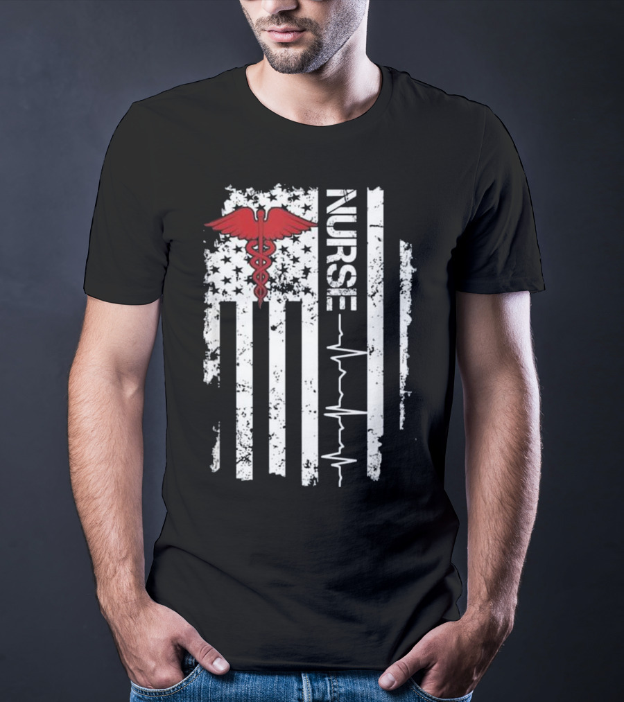 Nurse Caduceus Heartbeat American Flag Stars Stripes T-Shirt