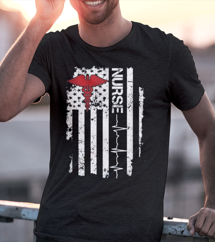 Nurse Caduceus Heartbeat American Flag Stars Stripes T-Shirt