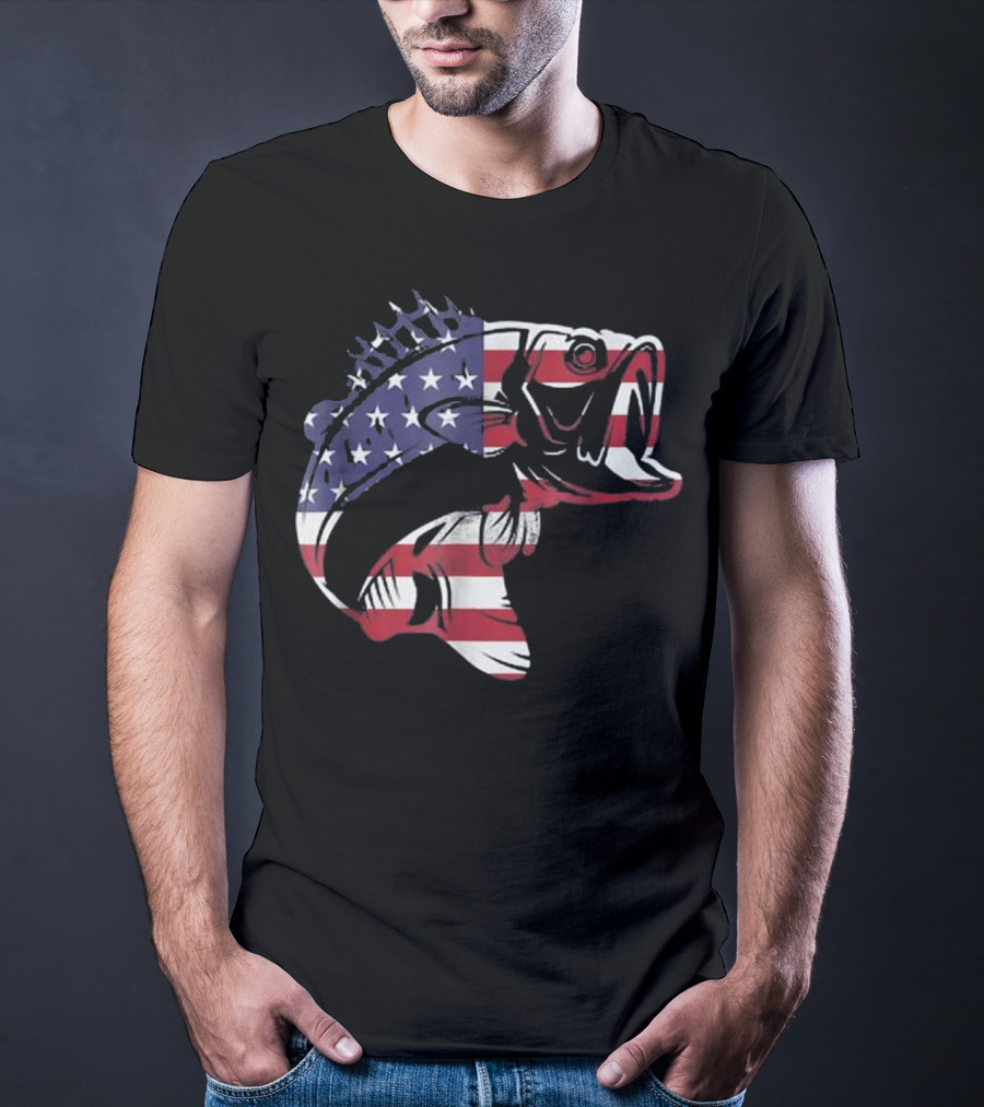 Bass Fishing American Flag Patriotic Bass Fisherman T-Shirt