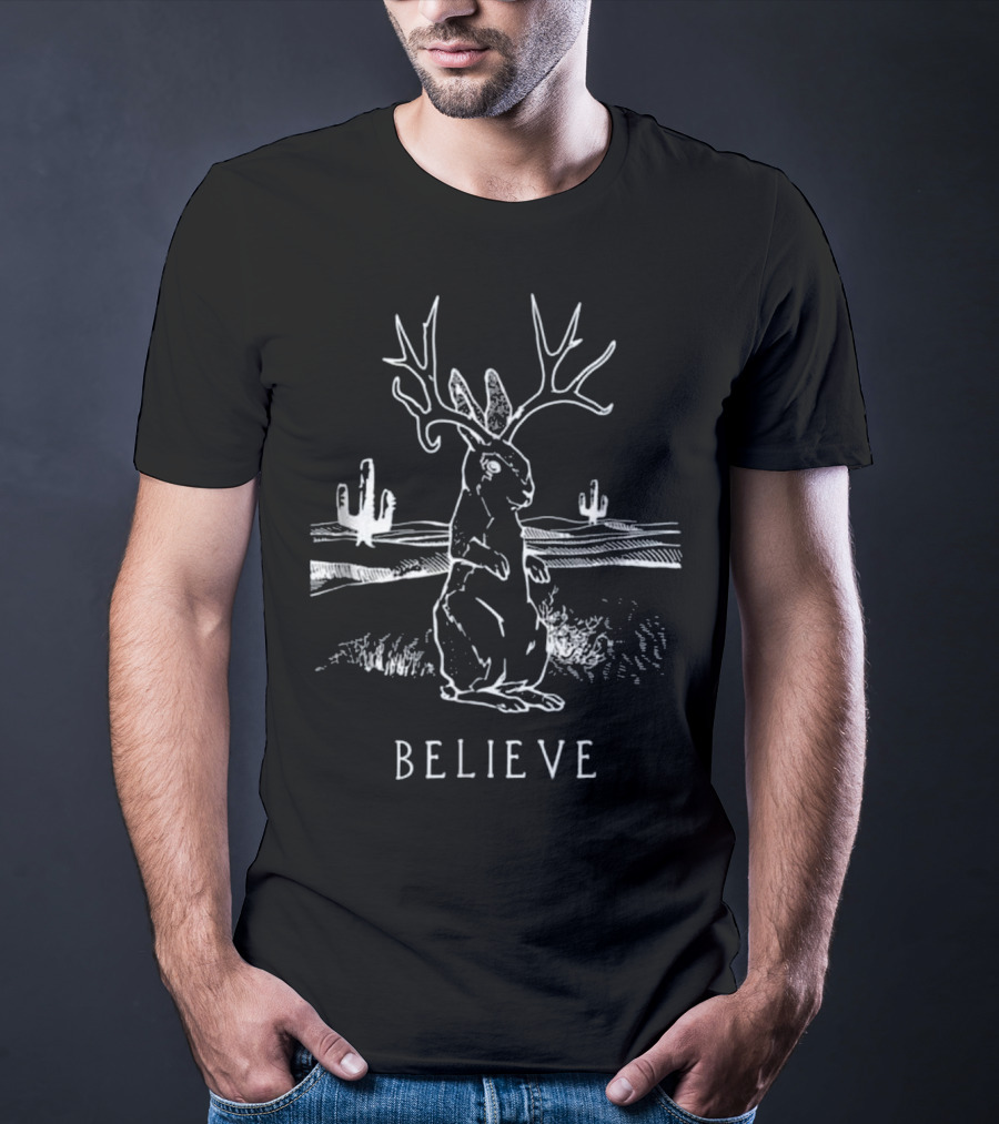 Believe Jackalope Cryptid Antlered Rabbit Desert Scene T-Shirt