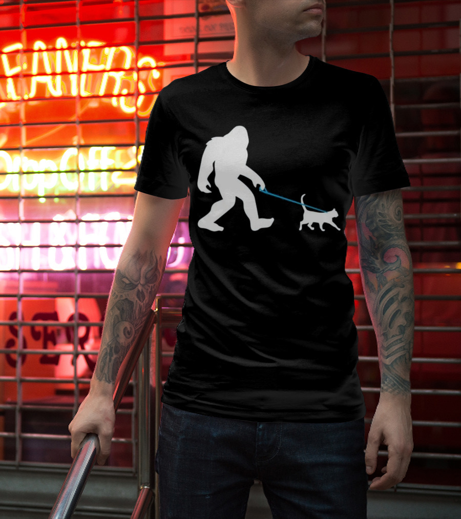 Bigfoot Walking Cat Funny Cute Sasquatch Silhouette Leash T-Shirt