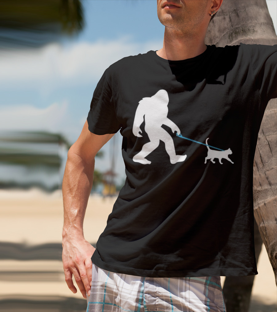 Bigfoot Walking Cat Funny Cute Sasquatch Silhouette Leash T-Shirt