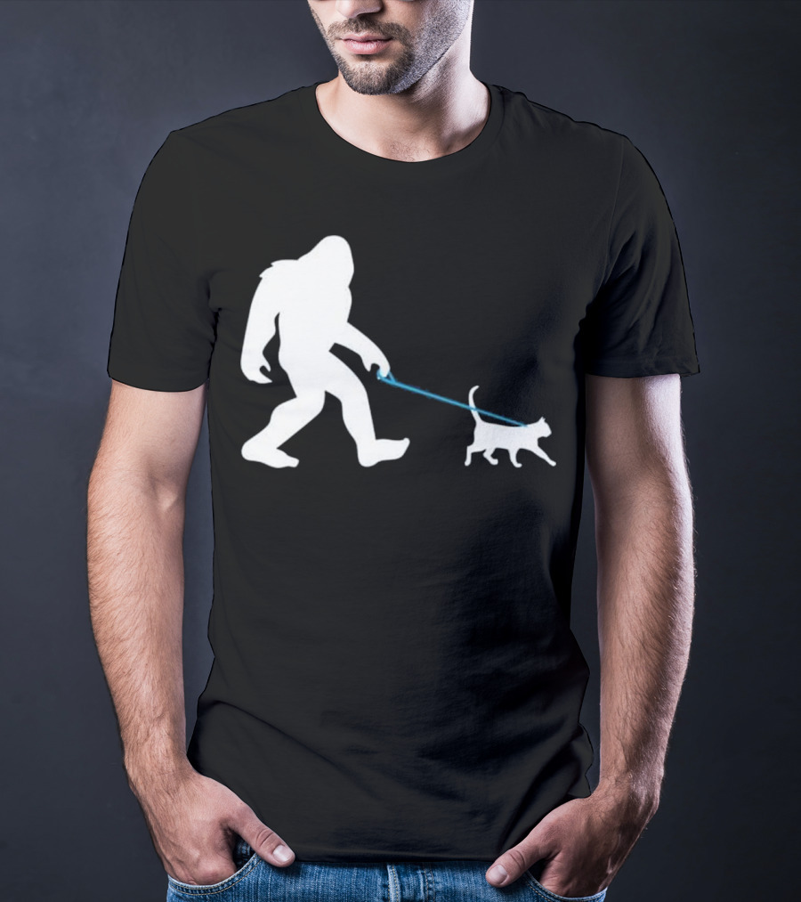 Bigfoot Walking Cat Funny Cute Sasquatch Silhouette Leash T-Shirt