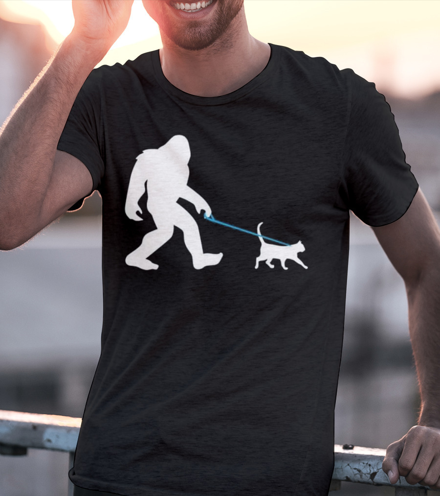 Bigfoot Walking Cat Funny Cute Sasquatch Silhouette Leash T-Shirt