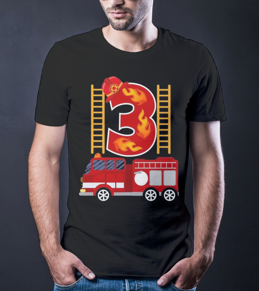 Birthday Firefighter Number 3 Fire Truck Flames Hat Ladder T-Shirt