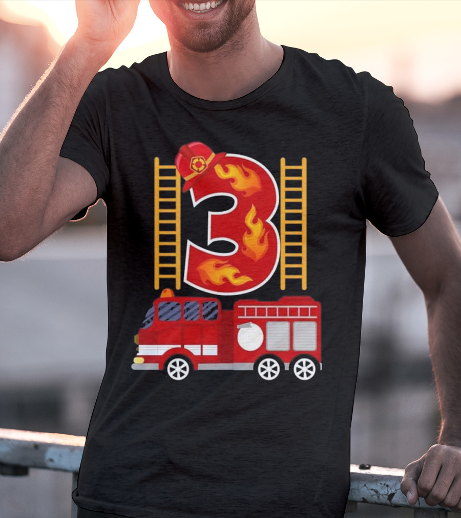 Birthday Firefighter Number 3 Fire Truck Flames Hat Ladder T-Shirt