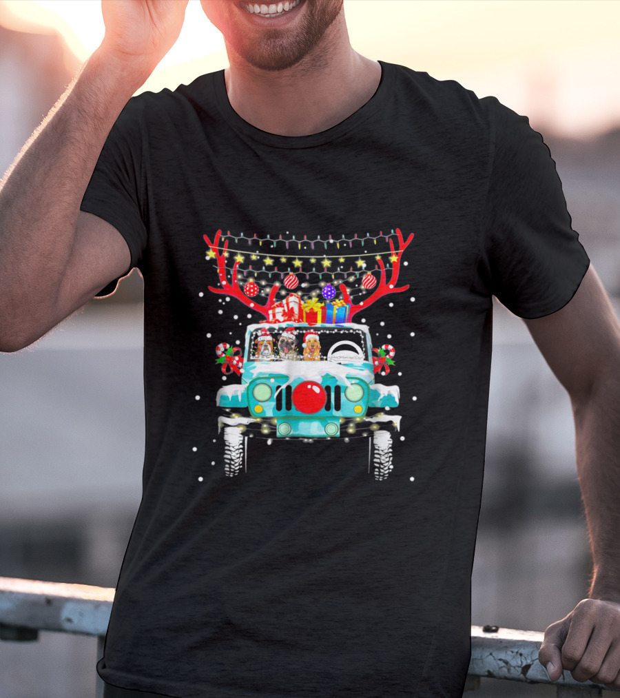 Christmas Jeep Reindeer Antlers Lights And Gifts T-Shirt