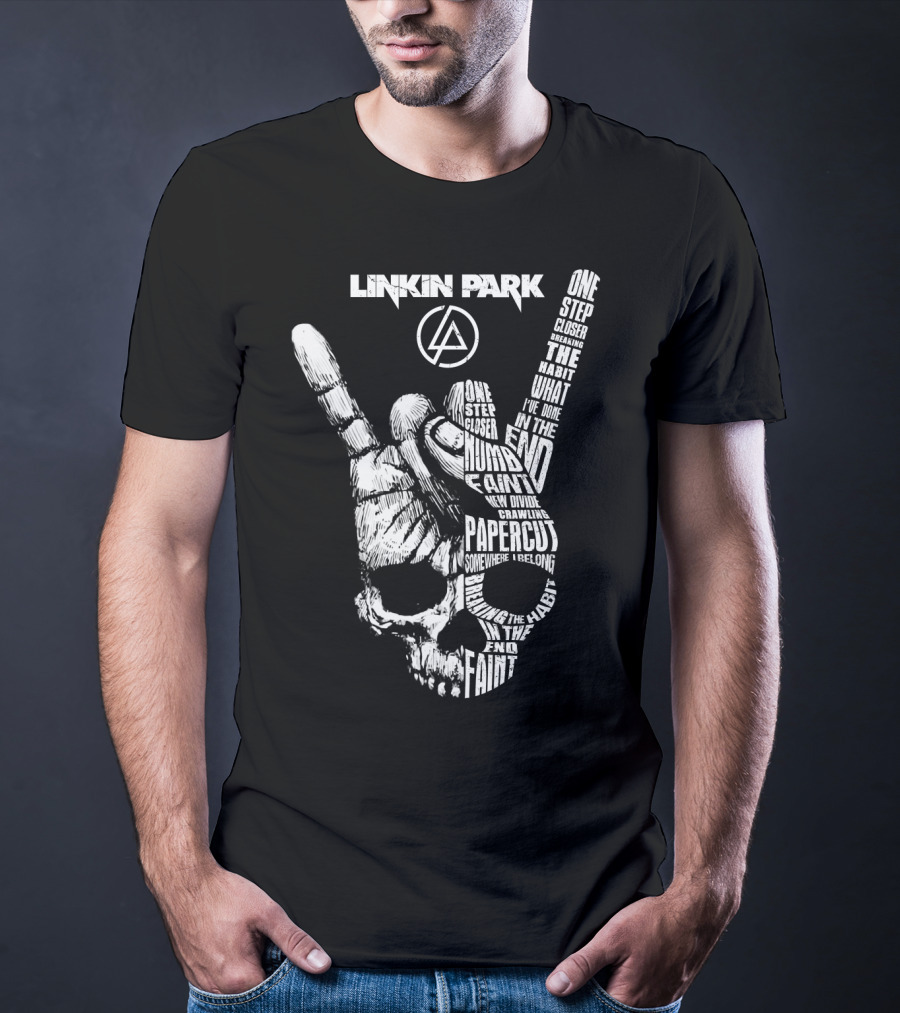 Linkin Park Lyrics Skull Hand Sign With Songs Faint In The End Crawling One Step Closer T-Shirt