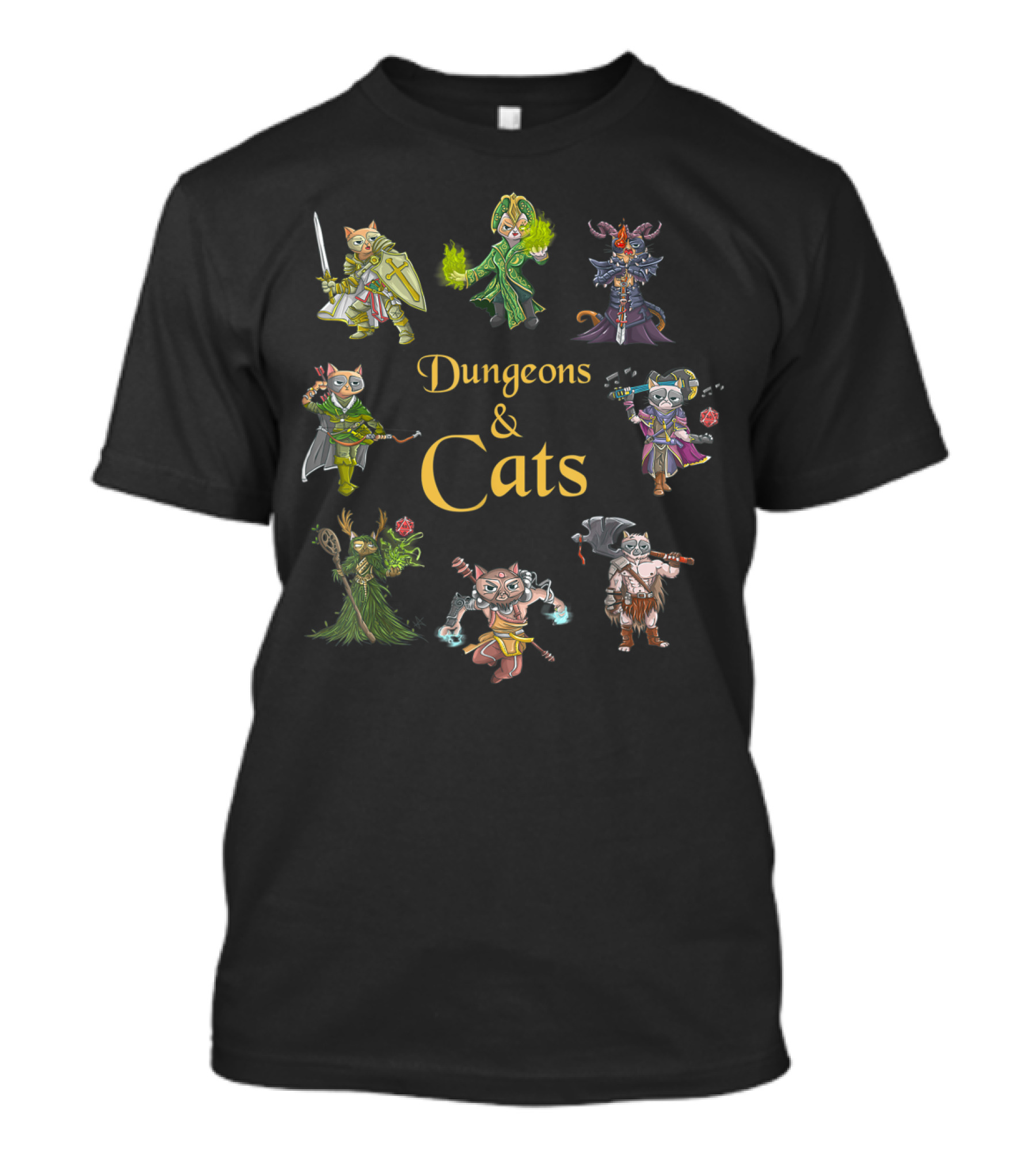 Dungeons And Cats Warrior Mage Archer Knight Characters T-Shirt