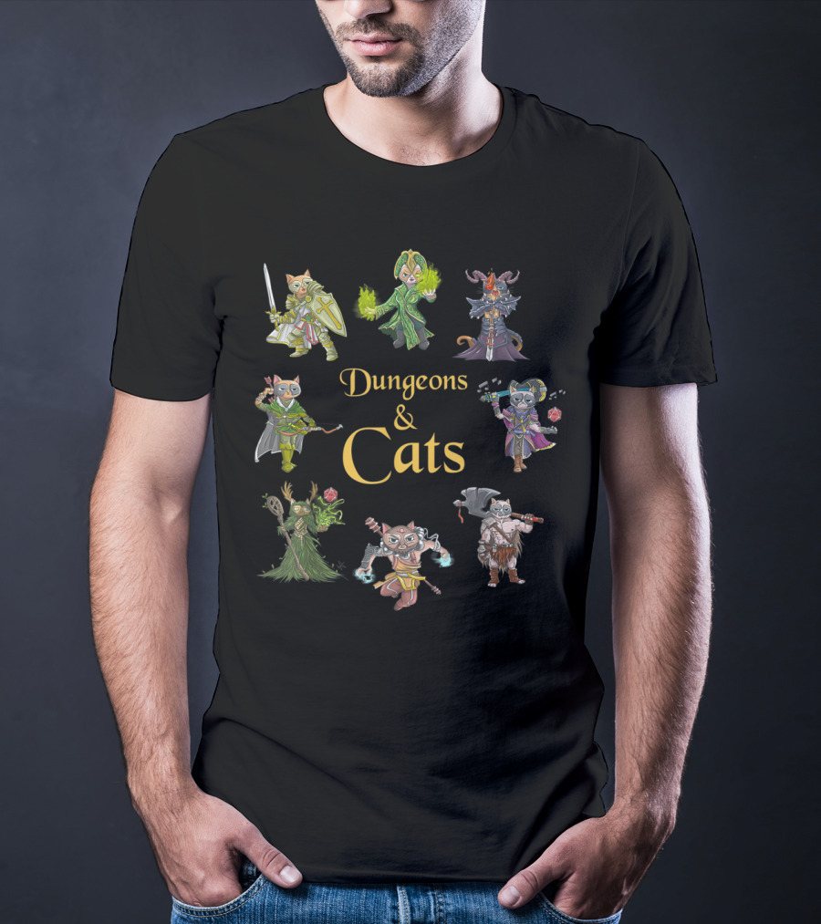 Dungeons And Cats Warrior Mage Archer Knight Characters T-Shirt