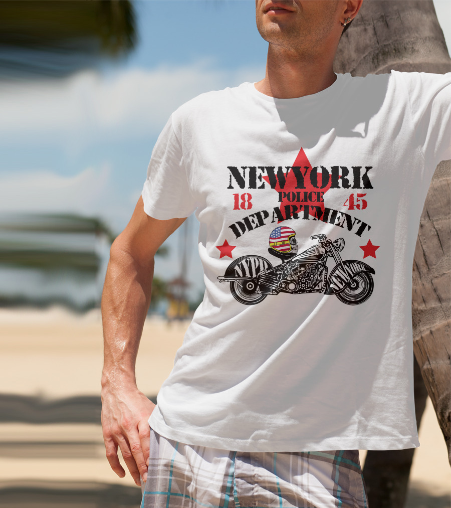 NEWYORK Police Department 1845 NYPD Motorcycle Skull Helmet Stars T-Shirt