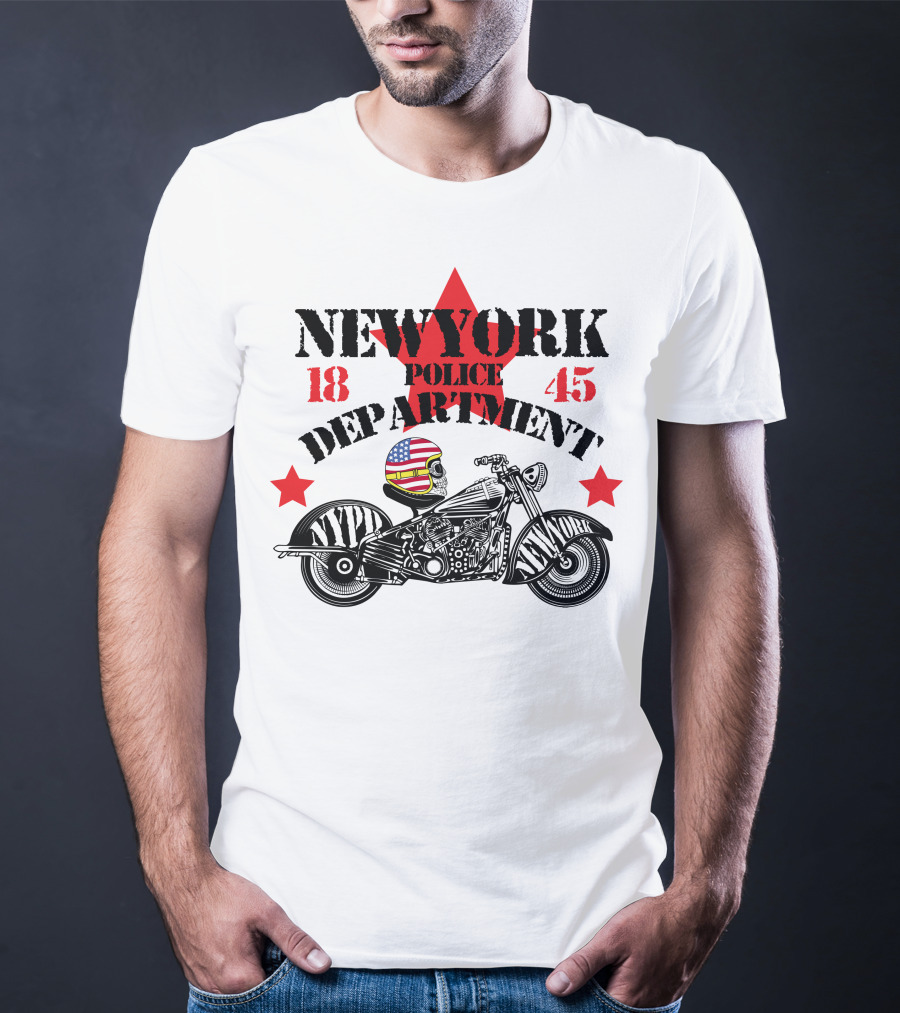 NEWYORK Police Department 1845 NYPD Motorcycle Skull Helmet Stars T-Shirt