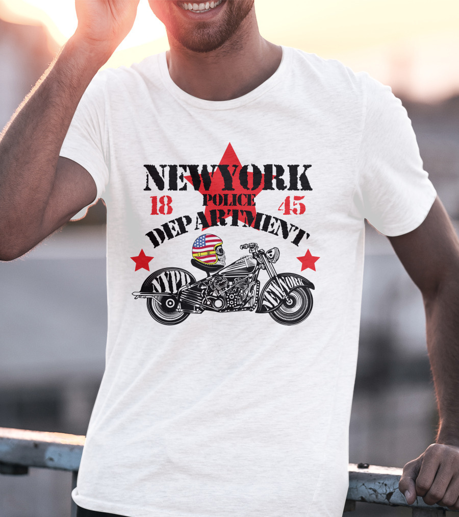 NEWYORK Police Department 1845 NYPD Motorcycle Skull Helmet Stars T-Shirt