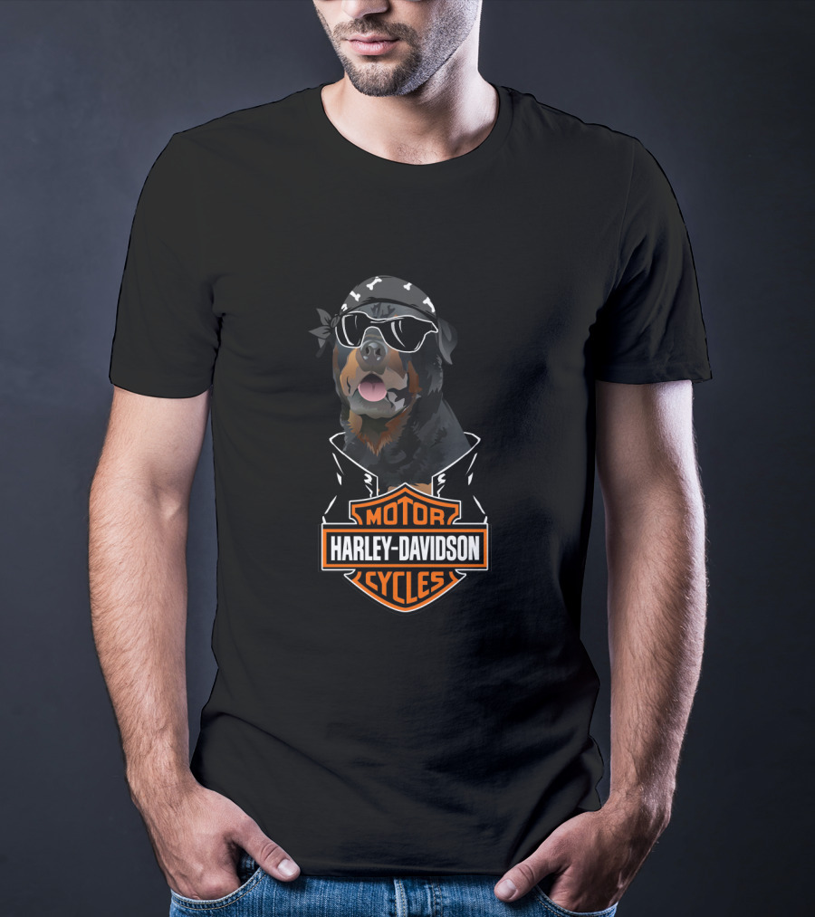 Rottweiler Harley Davidson Motorcycles Biker Bandana And Sunglasses T-Shirt