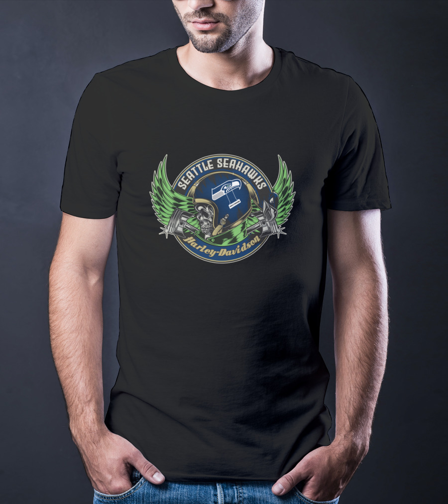Seattle Seahawks Harley Davidson Skull Helmet With Piston Wings T-Shirt