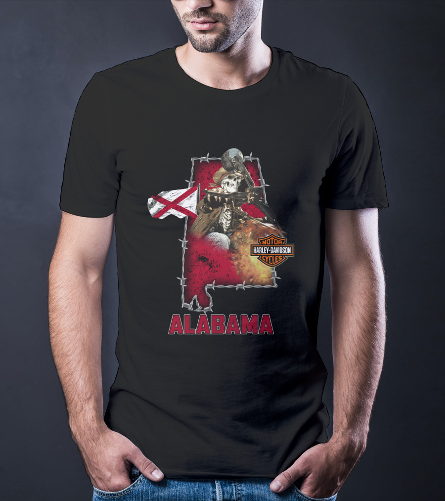 Alabama Harley Davidson Motorcycles Skeleton With Flag And Barbed Wire T-Shirt