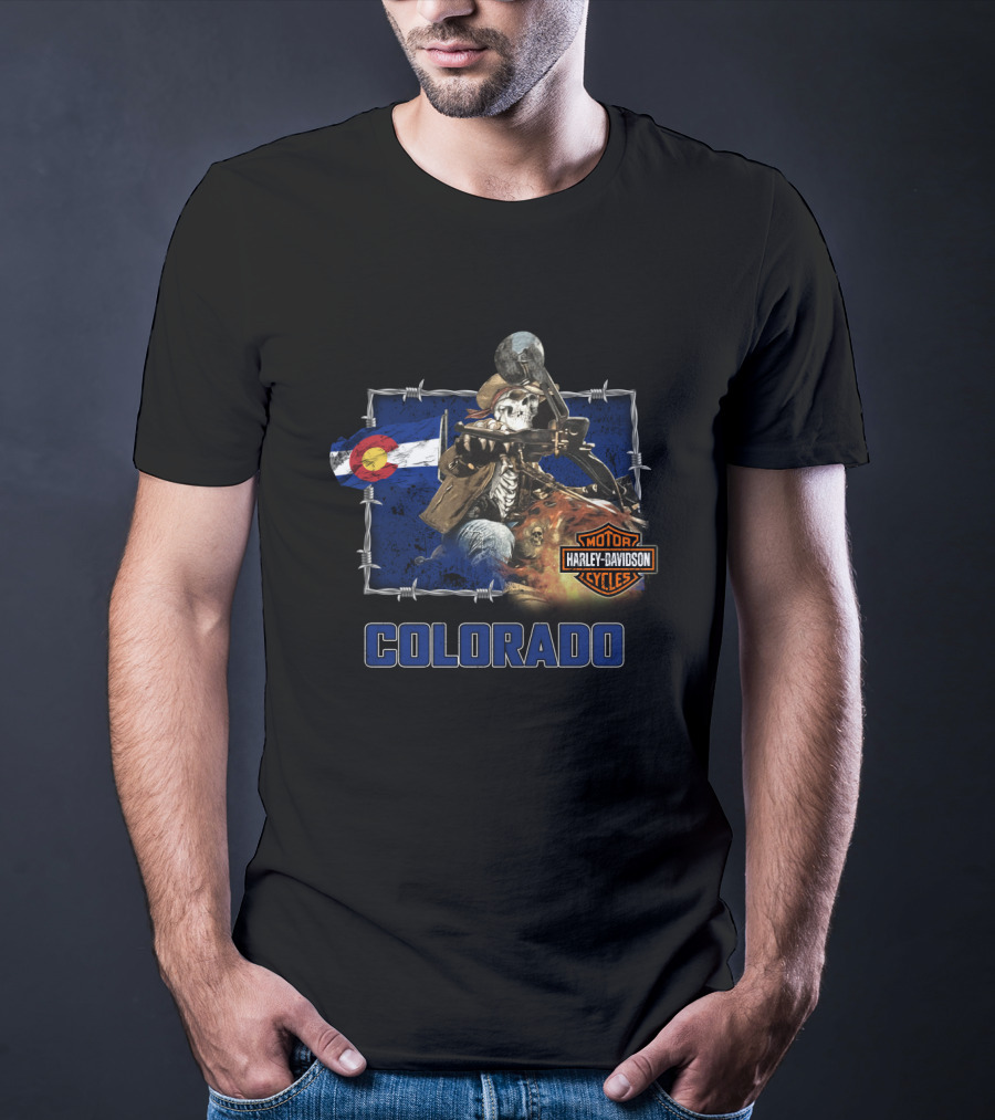 Colorado Harley Davidson Skeleton Rider With State Flag T-Shirt