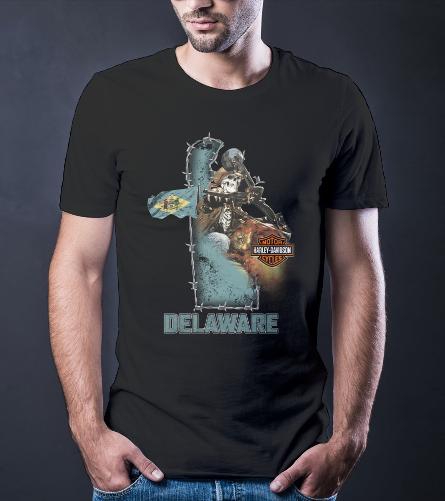 Delaware Harley Davidson Motorcycles Skeleton And Flag T-Shirt